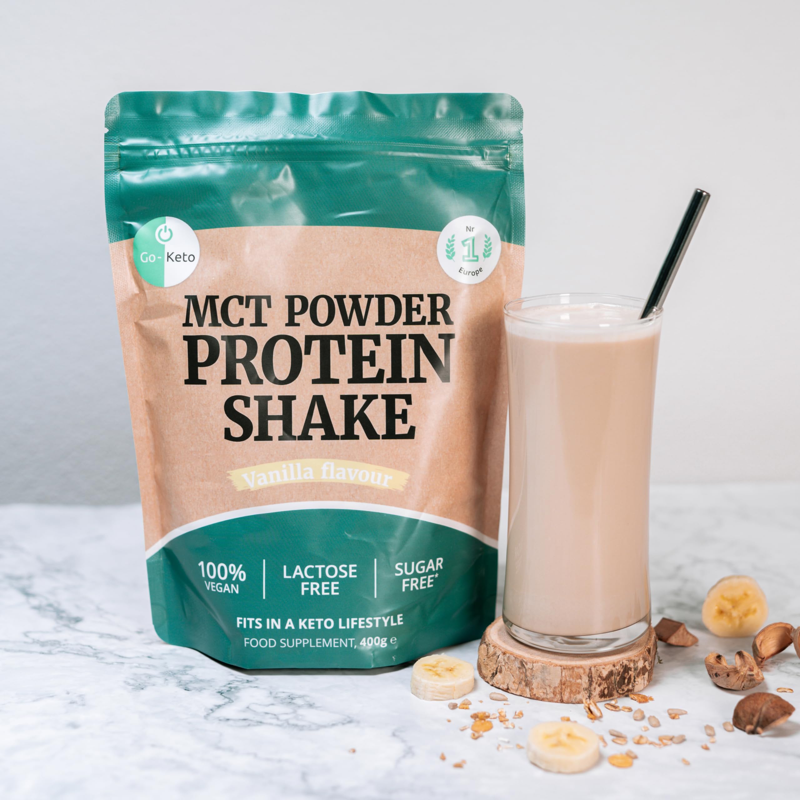 Go-Keto MCT Vegan Protein Shake Vanilla, 400g polvere | con MCT dall'olio di cocco per la tua dieta keto | proteine ​​vegane da proteine ​​di piselli e proteine ​​di riso