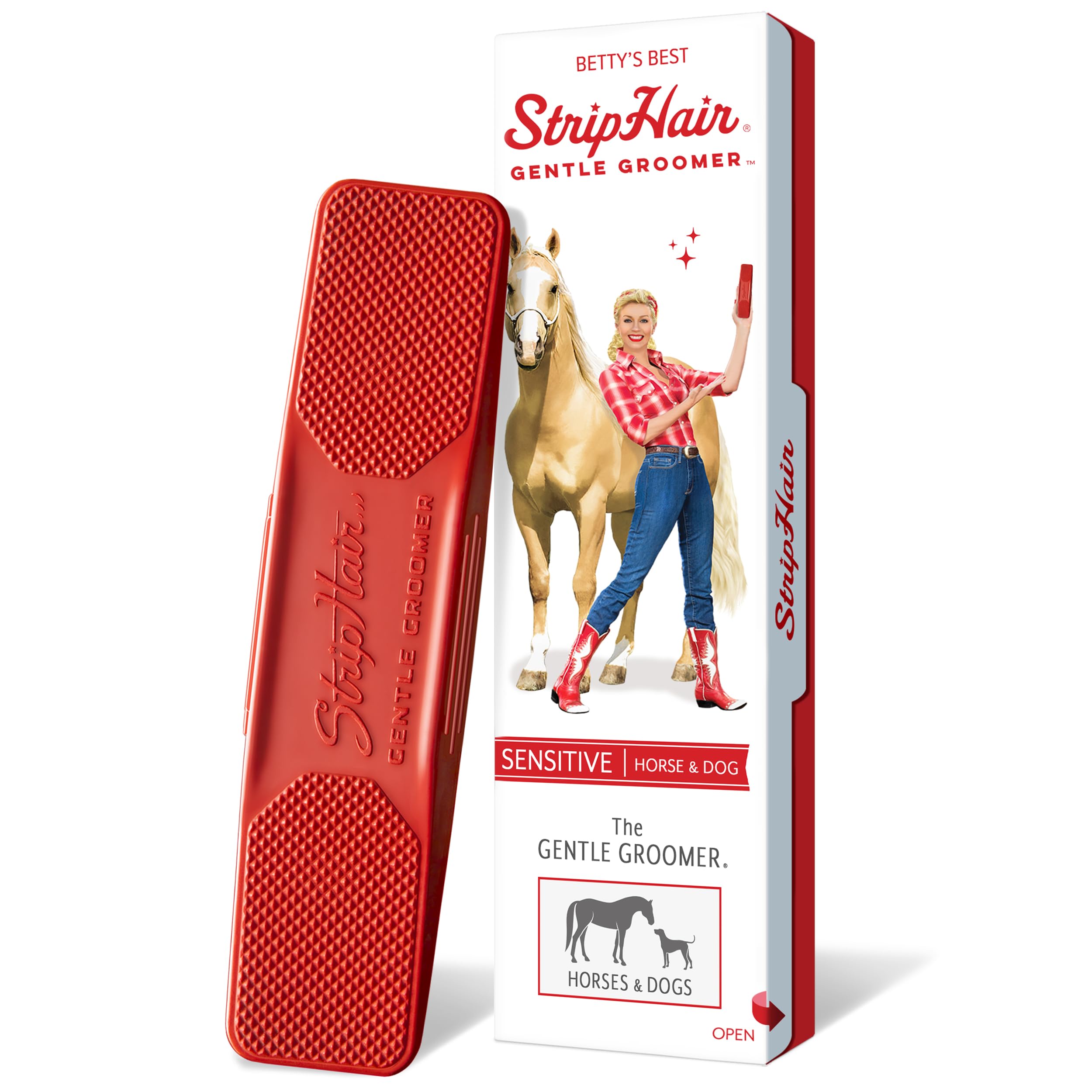 StripHair Gentle Groomer - Original for Horses Dogs 6-in-1 Shedding Grooming Coat Shine Massage Tool (Red)