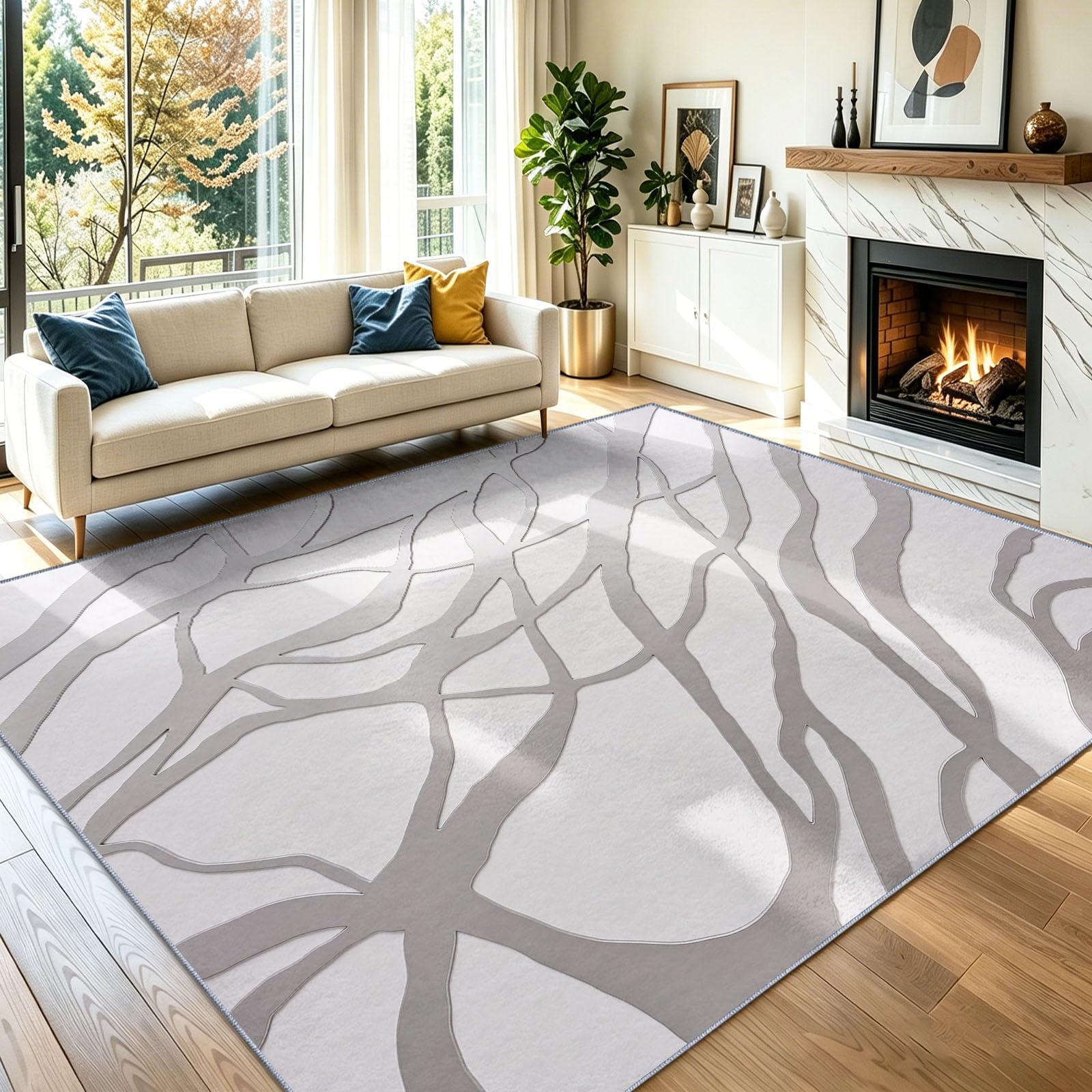 Minimalistisch Natürlich Handgezeichnete Wellige Linien Raue Textur Teppich, für Wohnzimmer Schlafzimmer Esszimmer Büro Kurzflor Teppiche Waschbar Weich rutschfest ultradünn, 160 x 230 cm Cremeweiß