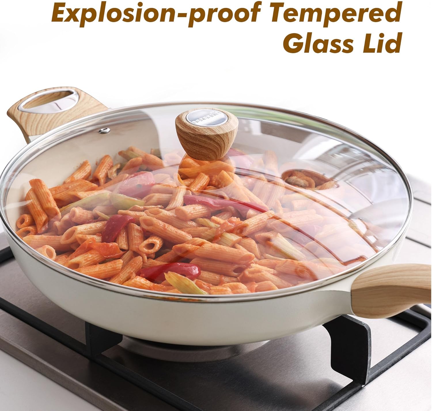 SENSARTE Ceramic Nonstick Frying Pan Skillet with Lid 12.5Inch Large Non Stick Non-toxic Healthy Kitchen Cooking Chef's Pan, Free of Intentionally Added PFOA/PFAS/PTFE, Induction Compatible, White - Image 3