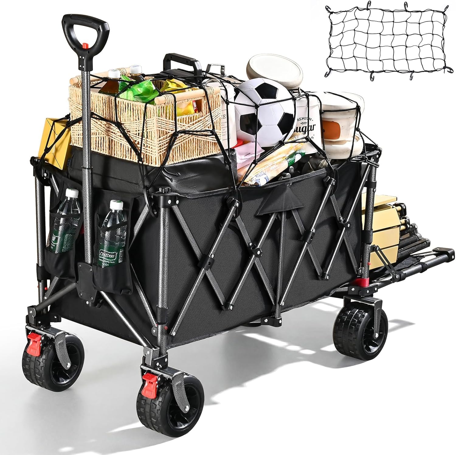 YEAUPE PRO Bollerwagen faltbar mit Feststellbremse, 66L 50kg, Faltbarer Bollerwagen aus 4 Richtungen, Höhenverstellbarer Griff & Seitenöffnung für Garten, Camping, Strandwagen & Einkaufen, Schwarz