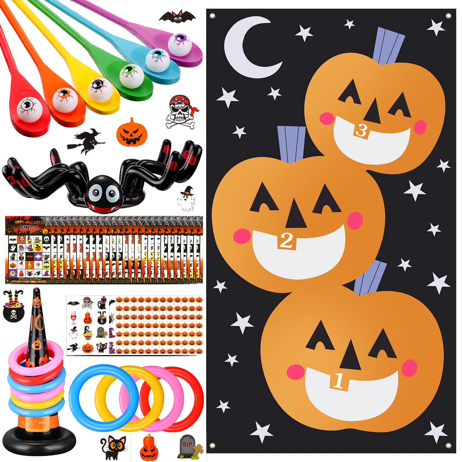 Halloween Games Set for Kids Includes Inflatable Spiders Witch's Hat Toss Game Halloween Eyeball and Spoon Relay Race Game Pumpkin Bean Bag Toss Games and Halloween Bingo Game for Kids and Adults