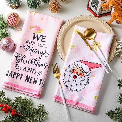 Miniatura 2 de Juego de 4 toallas de cocina rosas de Navidad de 17 x 26 pulgadas, absorbentes de color rosa, toalla de cocina de Navidad, trineo de árbol de Papá