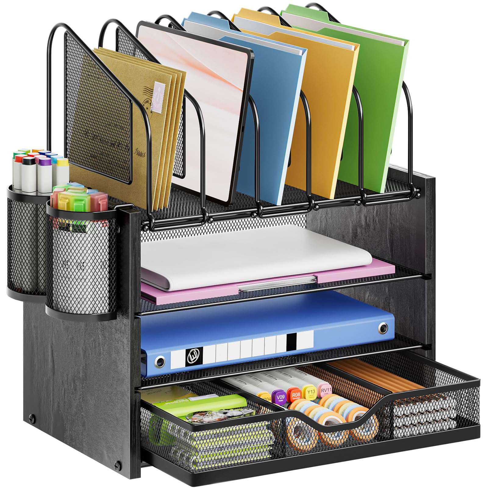 Marbrasse Desk organizer with Drawer, 4-Tier Wooden File Organizer with 5 Vertical File Holders and 2 Pen Holders, Desk Organizers and Accessories for Home Office - Black