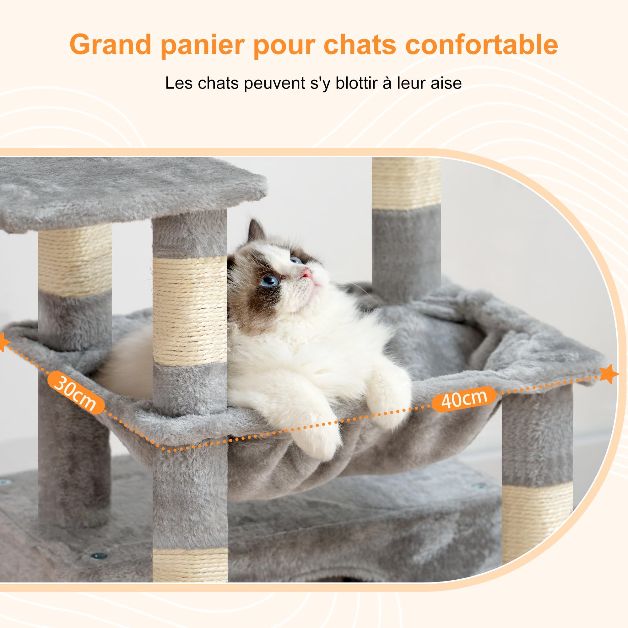 Heybly Arbre À Chat, Arbre À Chat avec Très Grand Panier pour Matou, Bois À Matou avec Lit Spacieux pour Matou Et Couchette Cachée, et Balle en Peluche, Gris Clair HCT008SW