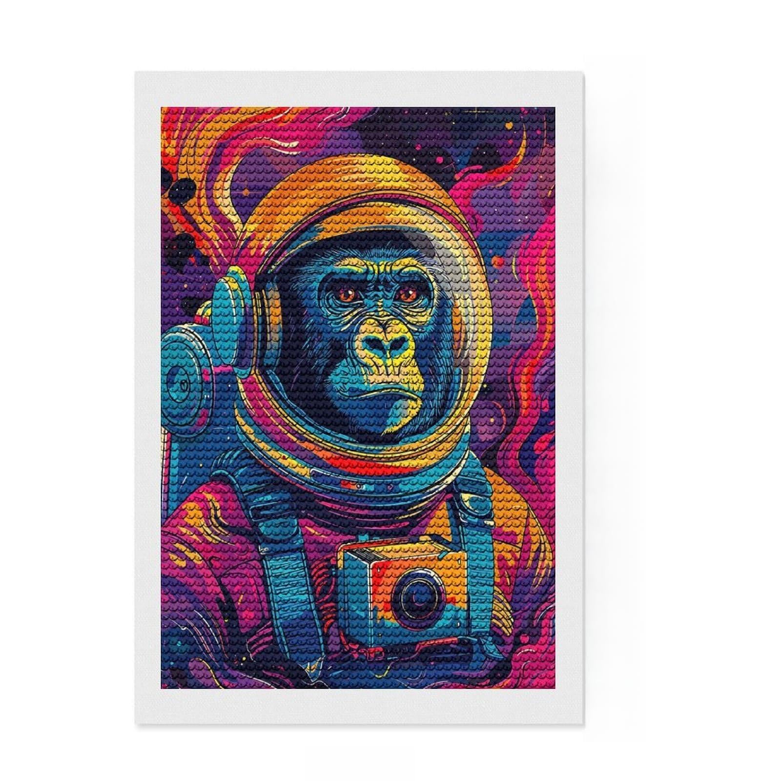 Junmoney Astronaut Gorilla Space Diamond Painting Canvas Set 8"x12", Calming Craft to Unwind, with Tool Kit, Office Decor, Christmas Gift