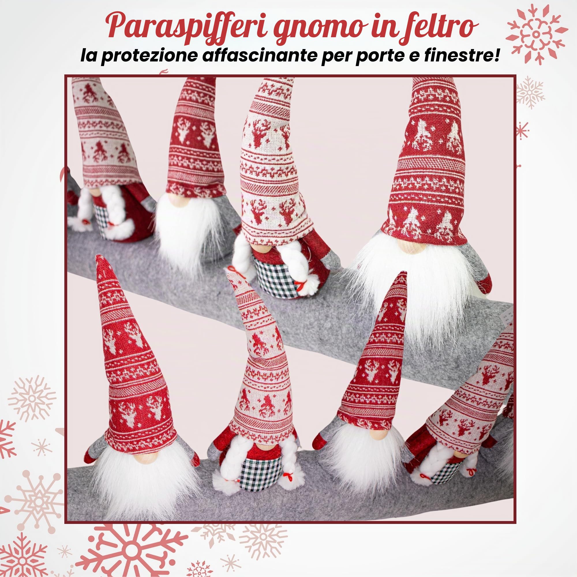Paraspifferi per porte con 5 gnomi, 90 cm, in feltro, guarnizione per porte standard, design natalizio, paraspifferi per porta di casa, altezza 25 cm, decorazione e protezione contro correnti d'aria