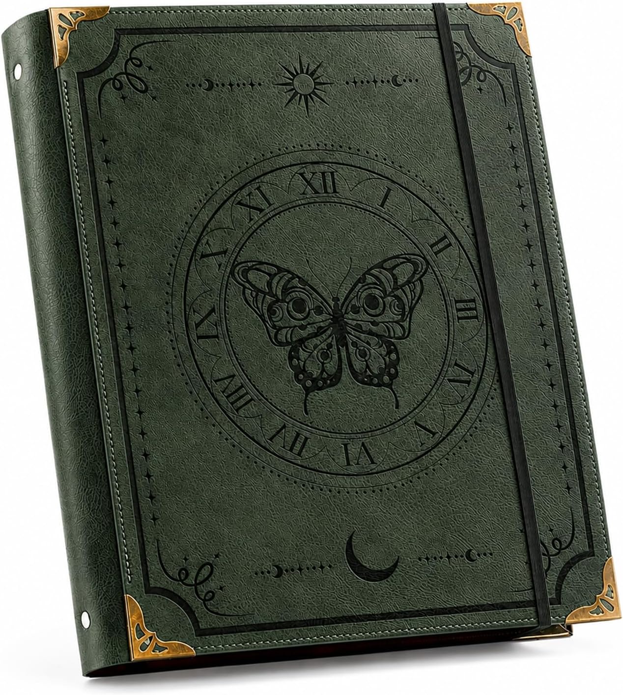 PU Leather 3 Ring Binder for 8.5" x 11" Letter Size Paper, 1 Inch Rings Hold 200 Sheets, Vintage Butterfly Recipe Binder, School Binder, Planner Organizer with Elastic Closure, Green