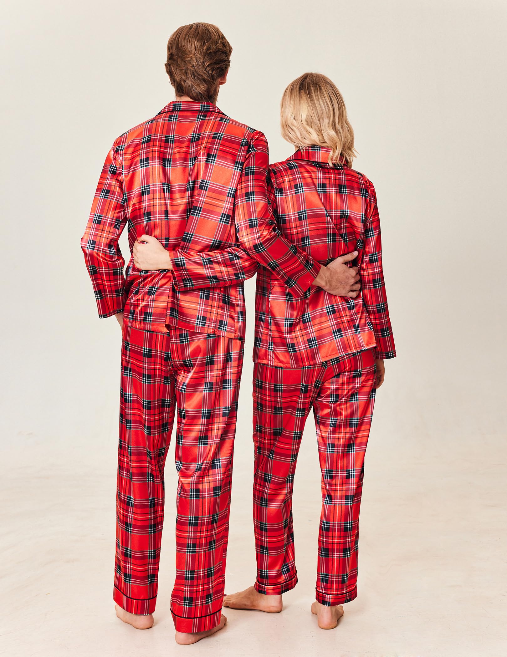 Ekouaer Conjunto de pijama de satén de seda para mujer, manga larga, con botones, suave, de dos piezas, S-XXL, Tartán rojo de Navidad, Medium