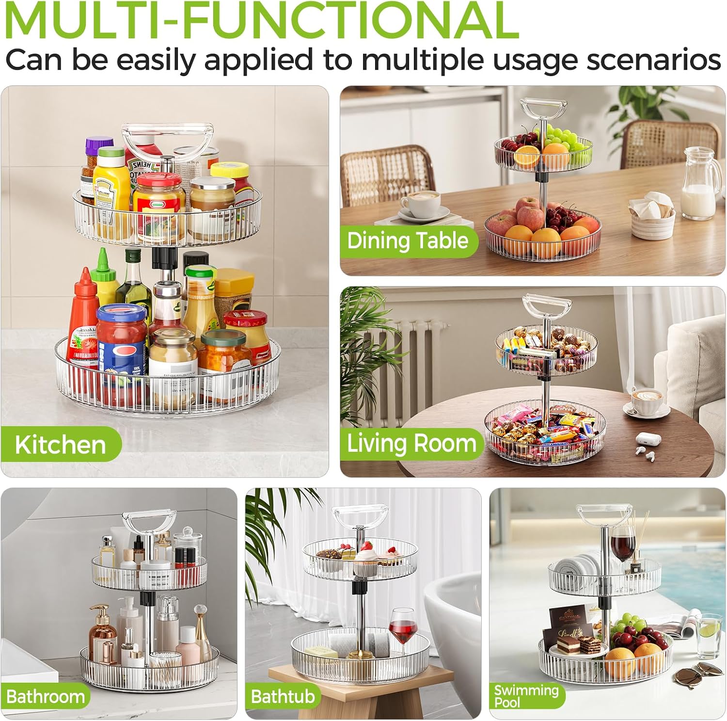 2-Tier Rotating Organizer with Handle – Adjustable Shelf, 360° Lazy Susan Turntable for Kitchen Countertop, Bathroom, Pantry – Multi-Functional Storage for Spices, Cosmetics, Snacks, Fruits