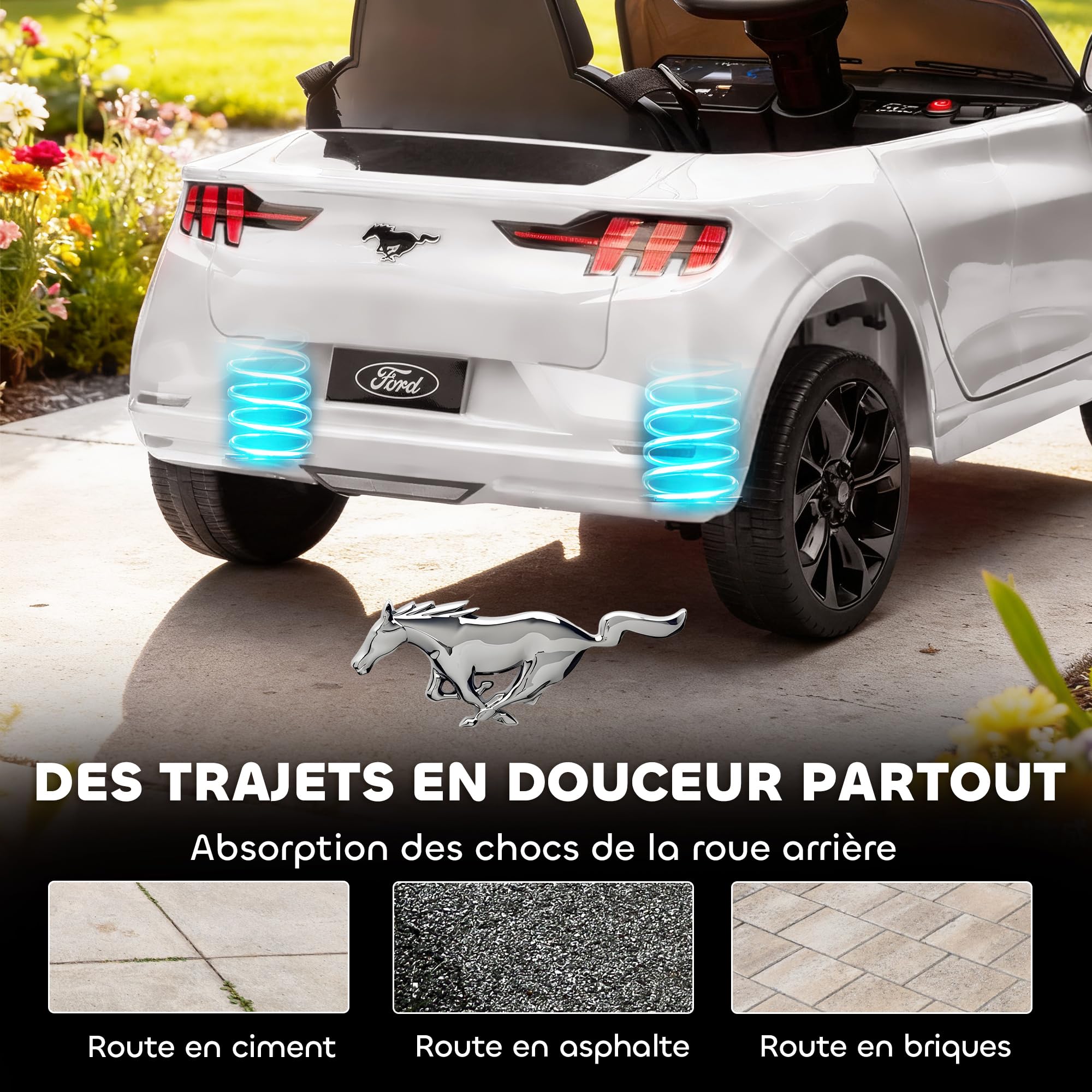 AIYAPLAY Voiture Électrique Enfant Ford Mustang Mach-E 12V Blanc | Véhicule Électrique, Télécommande 2,4G, 2 Moteurs 25W, Démarrage Progressif, Phares LED, Musique, Port USB/Bluetooth