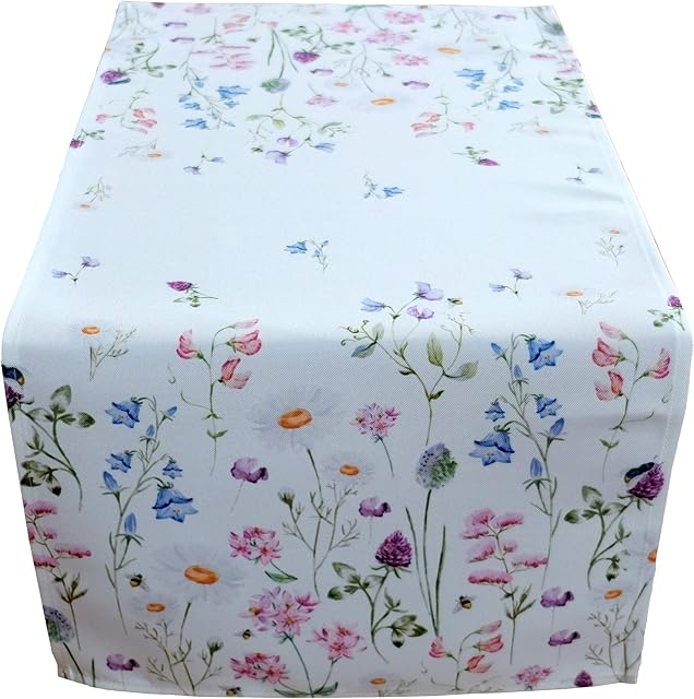 Raebel Table Runner "Meadow Flower" 40 x 90 cm Table Cloth, Easter Table Decoration, Spring, White Multicoloured Flowers