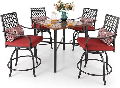 Sophia &amp; William Juego de bar para patio al aire libre, 5 piezas, mesa de comedor alta y sillas, juego de muebles, 4 taburetes de bar giratorios con