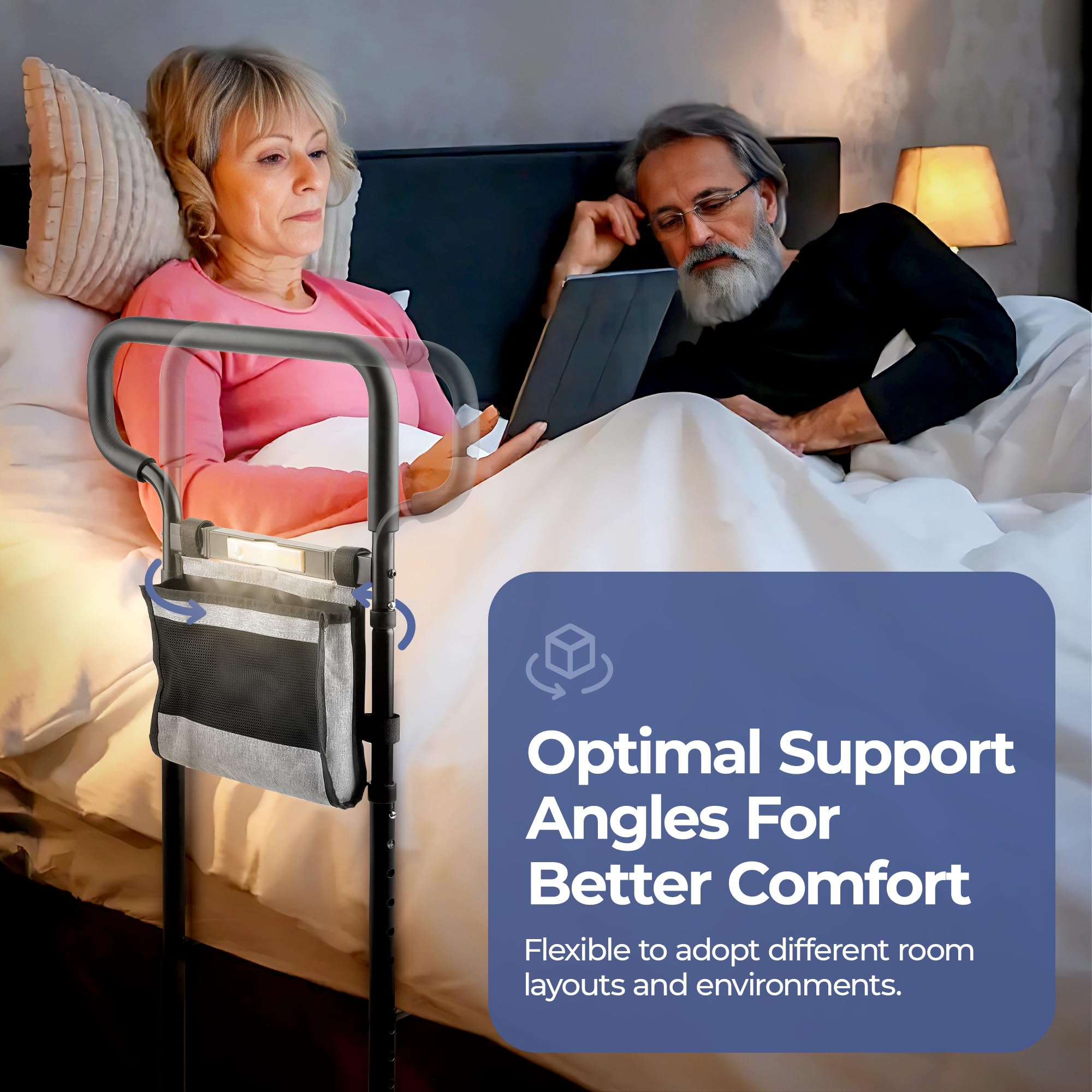 C3 Pro Barriera Letto, Sponda Letto con corrimano più ampio Anticaduta per Anziani e Disabili, Le gambe di estensione forniscono stabilità, Regolabile in Altezza, Luci LED per Evitare Cadute Notturne