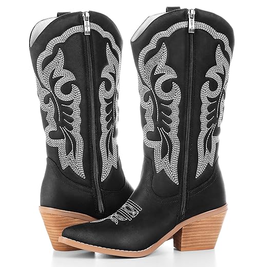 Embroidered Cowboy Boots for Women, Fashion Retro Western Pointed Toe Chunky Heel The Knee,Pull-On Stitching Point Toe Women's Cowgirl Boots