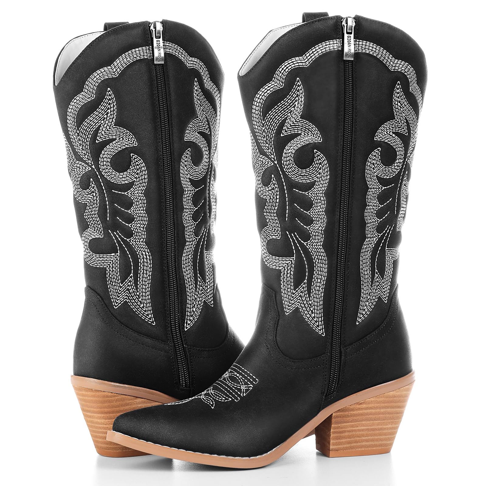 gioanroca Embroidered Cowboy Boots for Women Fashion Retro Western Pointed Toe Chunky Heel The Knee Pull-On Stitching Point
