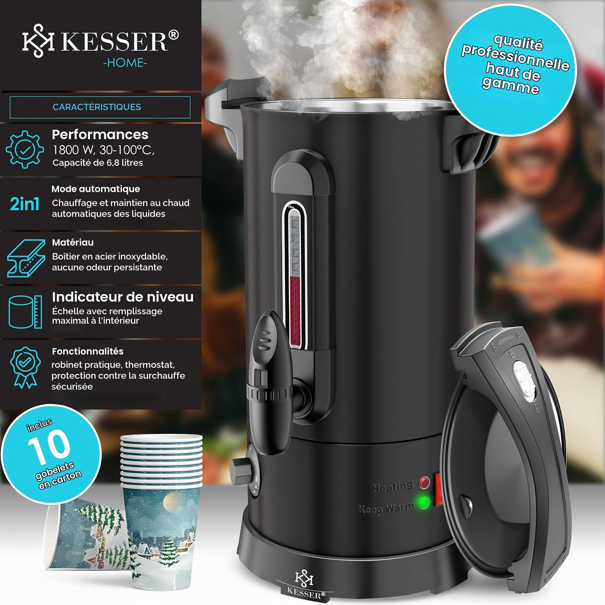 KESSER bouilloire à vin chaud 6,8 l en acier inoxydable avec 10 tasses bouilloire à vin chaud avec thermostat distributeur d'eau chaude distributeur d'eau chaude indicateur de niveau robinet robinet