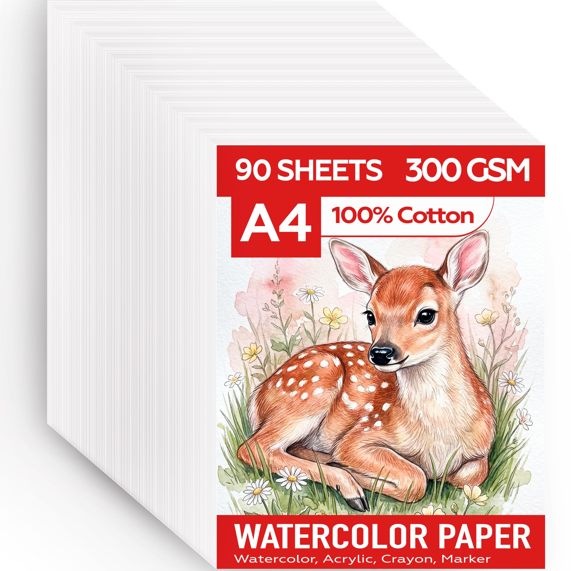 Joibabe A4 100% Cotton Watercolour Pad, 90 Sheets 300gsm Heavy Acid-Free Multi-Media Art Paper