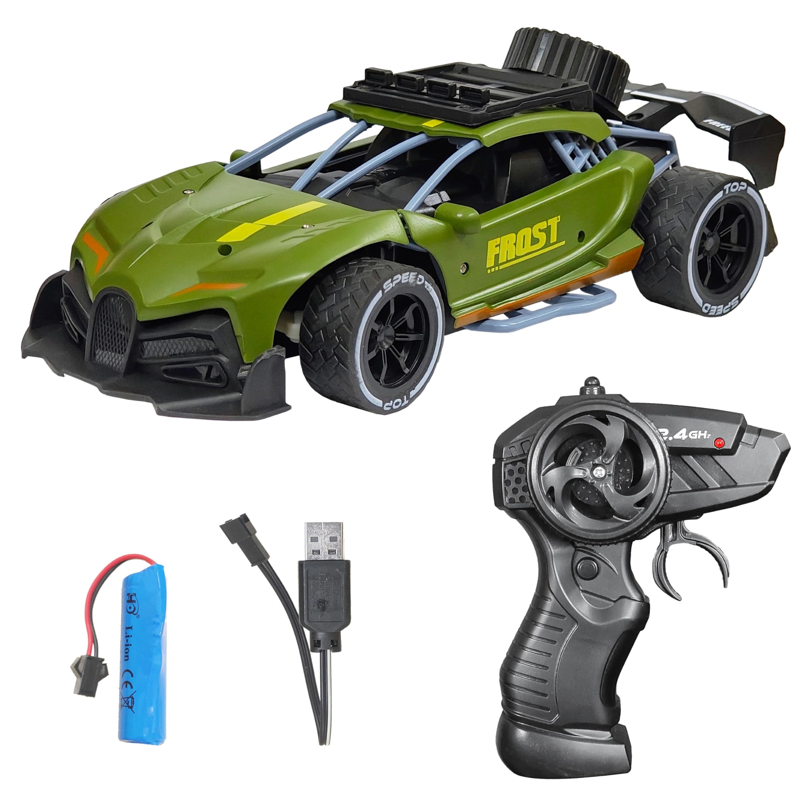 vgrassp high speed 1:16 scale racing car - long operational range sports vehicle toy for kids with full function gun remote control, charging cable and rechargeable battery for car (dark green)