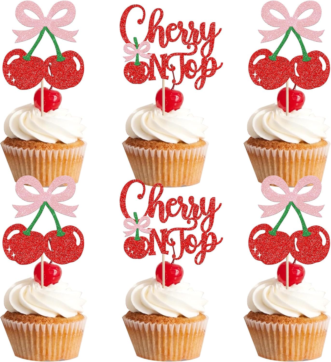 Confetti Cherry Cupcake Toppers | 24 PCS Multi-Layer Glitter She's the Cherry On Top Picks | Fruit Theme Birthday Baby Shower Bridal Shower Wedding Party Cake Decorations-image-19