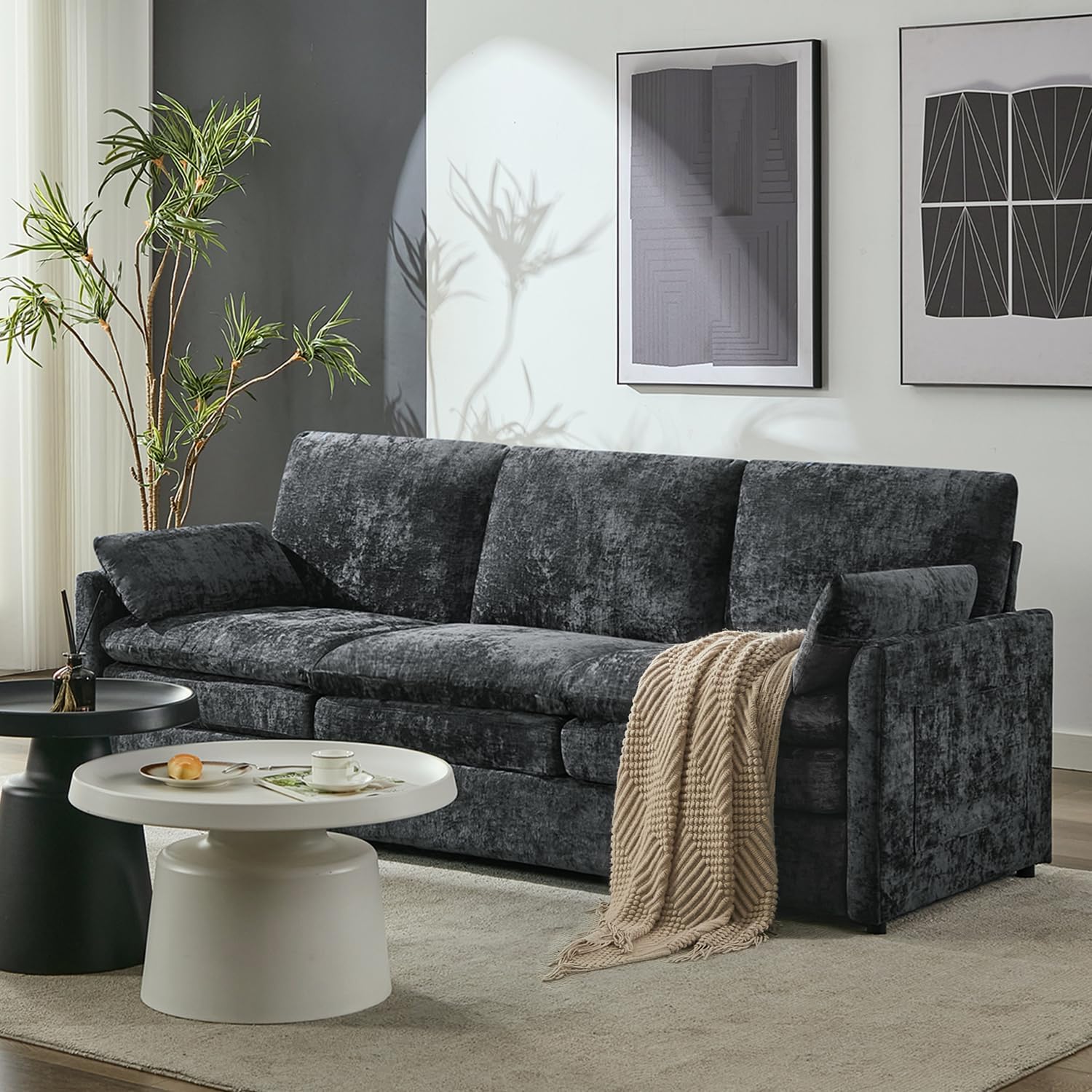 Cloud Couch, 83.5" W Modern Sofa Spring Seat Cushions, Ultra Soft Upholstered Comfy 3-Seater w/Arm Pillows, Removable Chenille Covers, Living Room Furniture, Home Apartment Office, Dark Gray | Ultra Soft Cushions, Dual-layered Cushion, Pocket Spring, Cloud Comfort, Premium Chenille