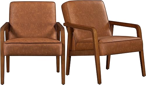 Topeakmart Silla decorativa de piel sintética, sillón moderno y de mediados de siglo con patas de madera y acolchado suave para sala de estar y