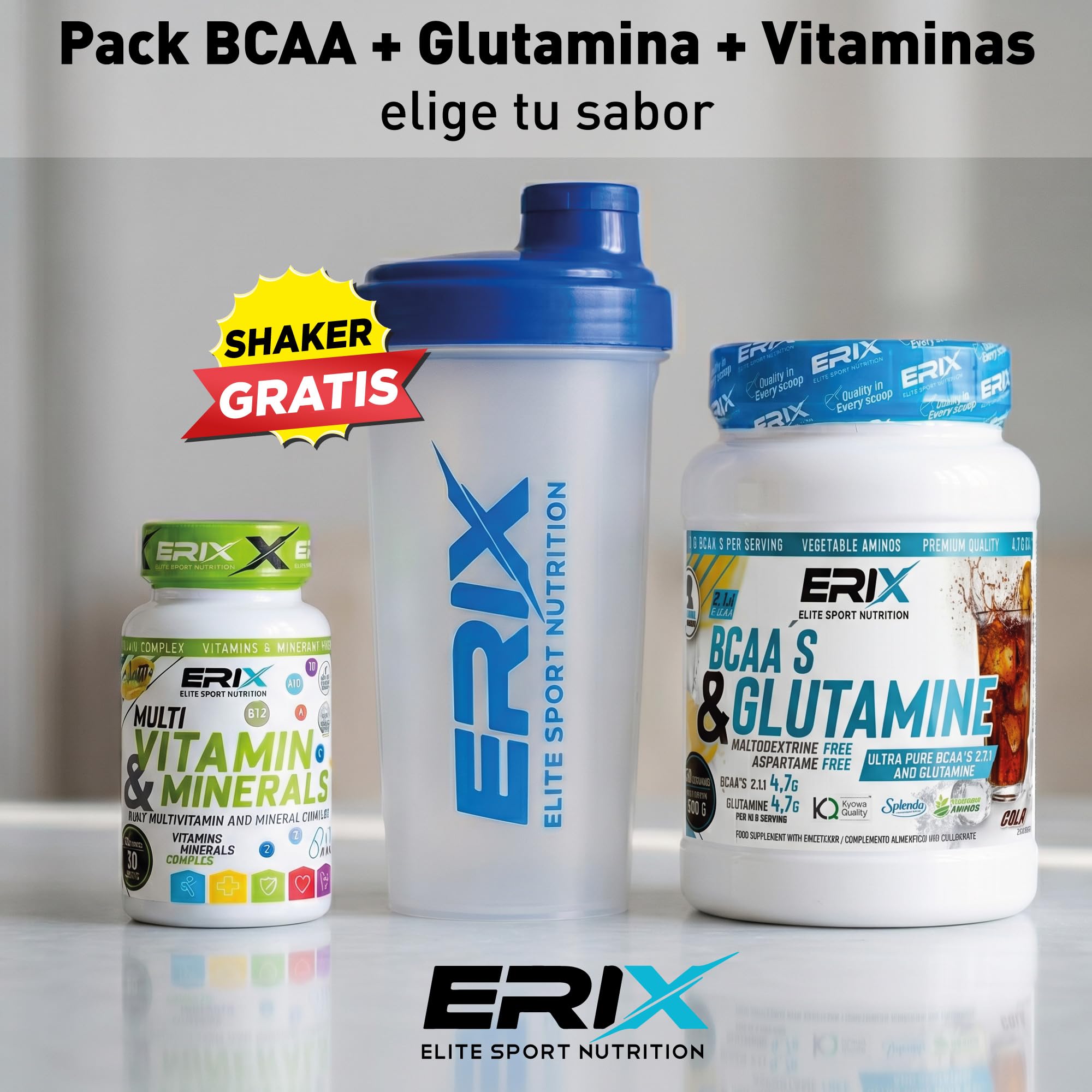 ERIX Nutricion Pack Entrenamiento - BCAA 2:1:1 + Glutamina (500g, Sabor Cola) y Multivitamínico (30 Cáps) - Incluye Shaker 700ml de Regalo - Recuperación Muscular y Vitalidad