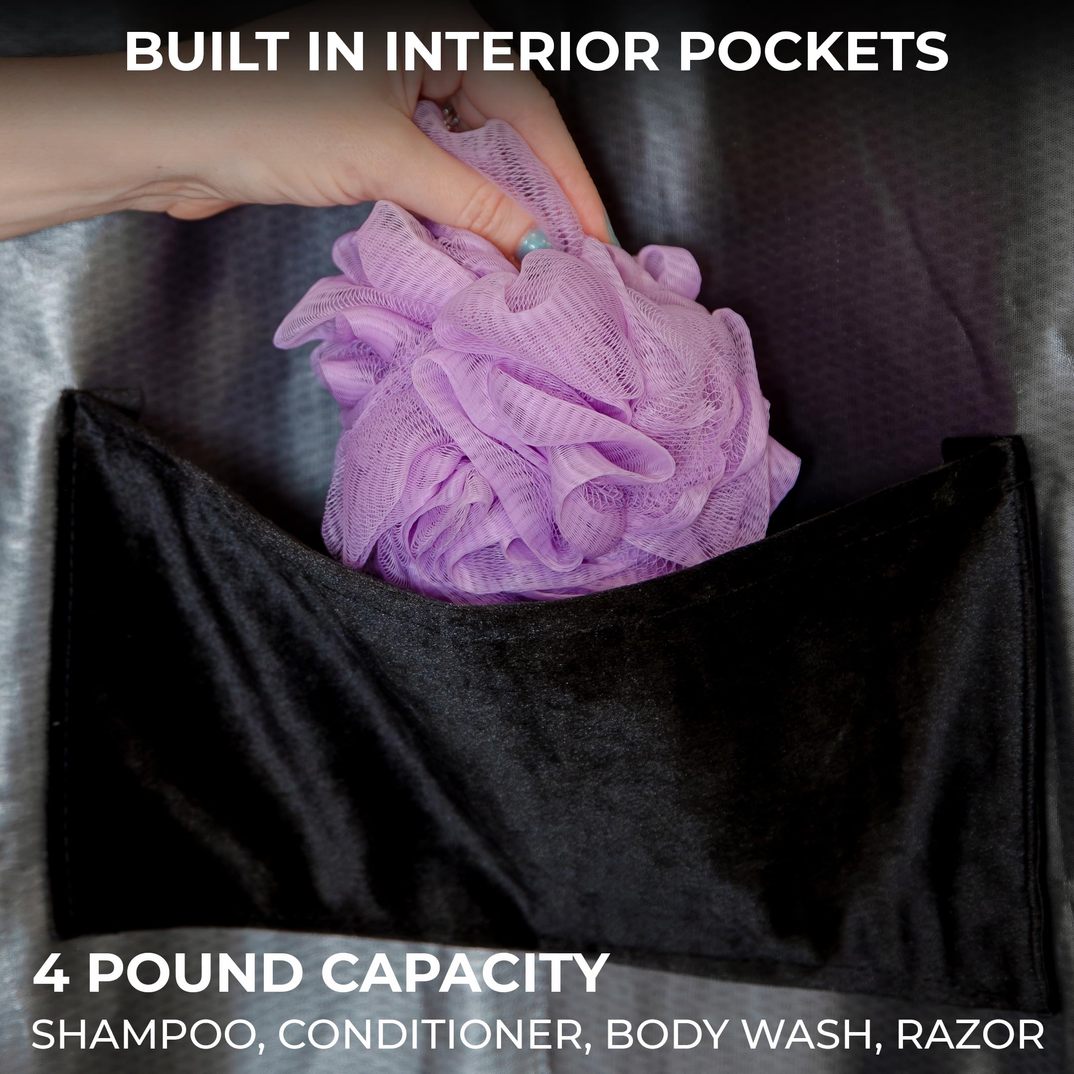 Velvet Shower Curtain with Built-In Storage Pockets - Heavy Duty Washable Shower Liner with Pockets - Water Resistant Luxury Shower Curtains for Bathroom, Includes Rustproof Hooks - 72x72, Black