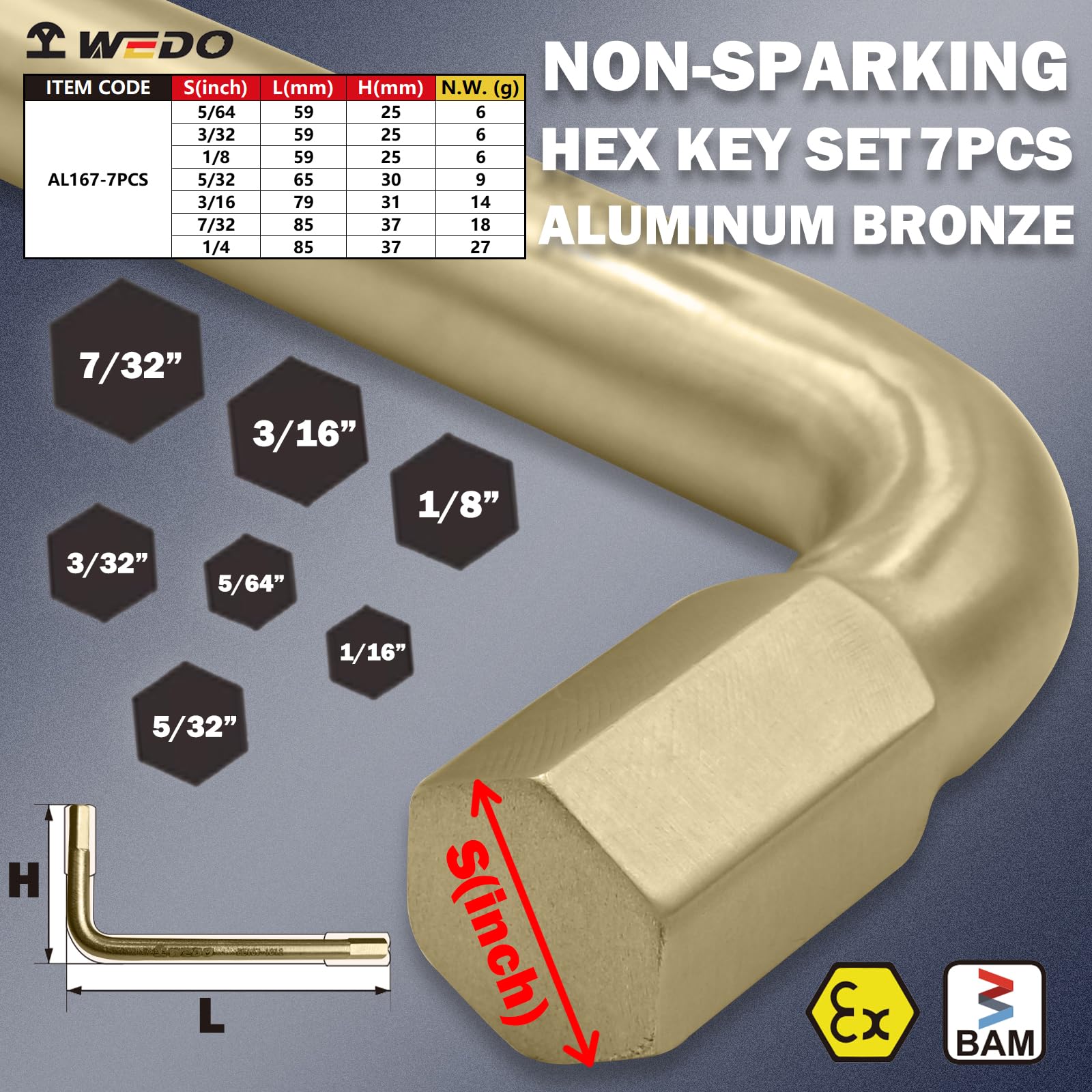 WEDO Set di 7 chiavi a brugola a brugola non scintillanti, imperiali, 5/64", 3/32", 1/8", 5/32", 3/16", 7/32", 1/4", bronzo alluminio, resistenza alla corrosione, certificato BAM & FM, strumento di