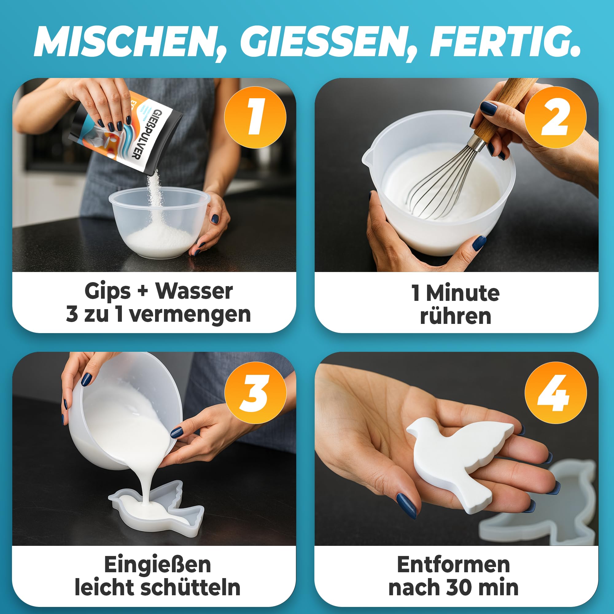 Gießpulver Extra weiß, Premium Alabastergips mit extra hohem Weißgrad – Feine Gießmasse zum gießen in Silikonformen für Kunsthandwerk, Basteln Reliefs Profi Qualität. (9000, Gramm)