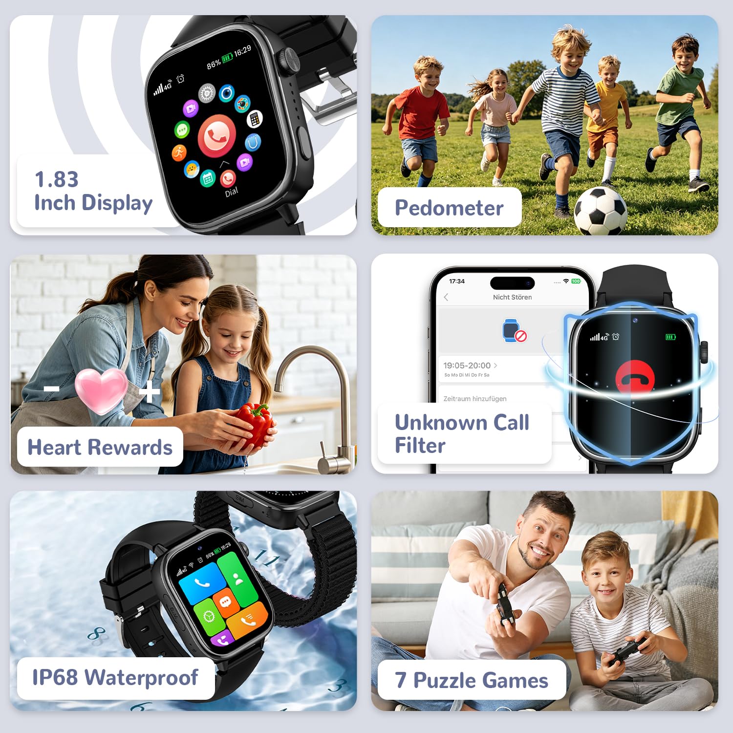 4G Montre Connectée Enfant avec GPS et Visiophonie, Smartwatch Enfants avec Appels, Chat Vocal, SOS, Mode École, Étanchéité IP68, Podomètre, Réveil, Cadeau pour Filles et Garçons de 4 à 15, Noir