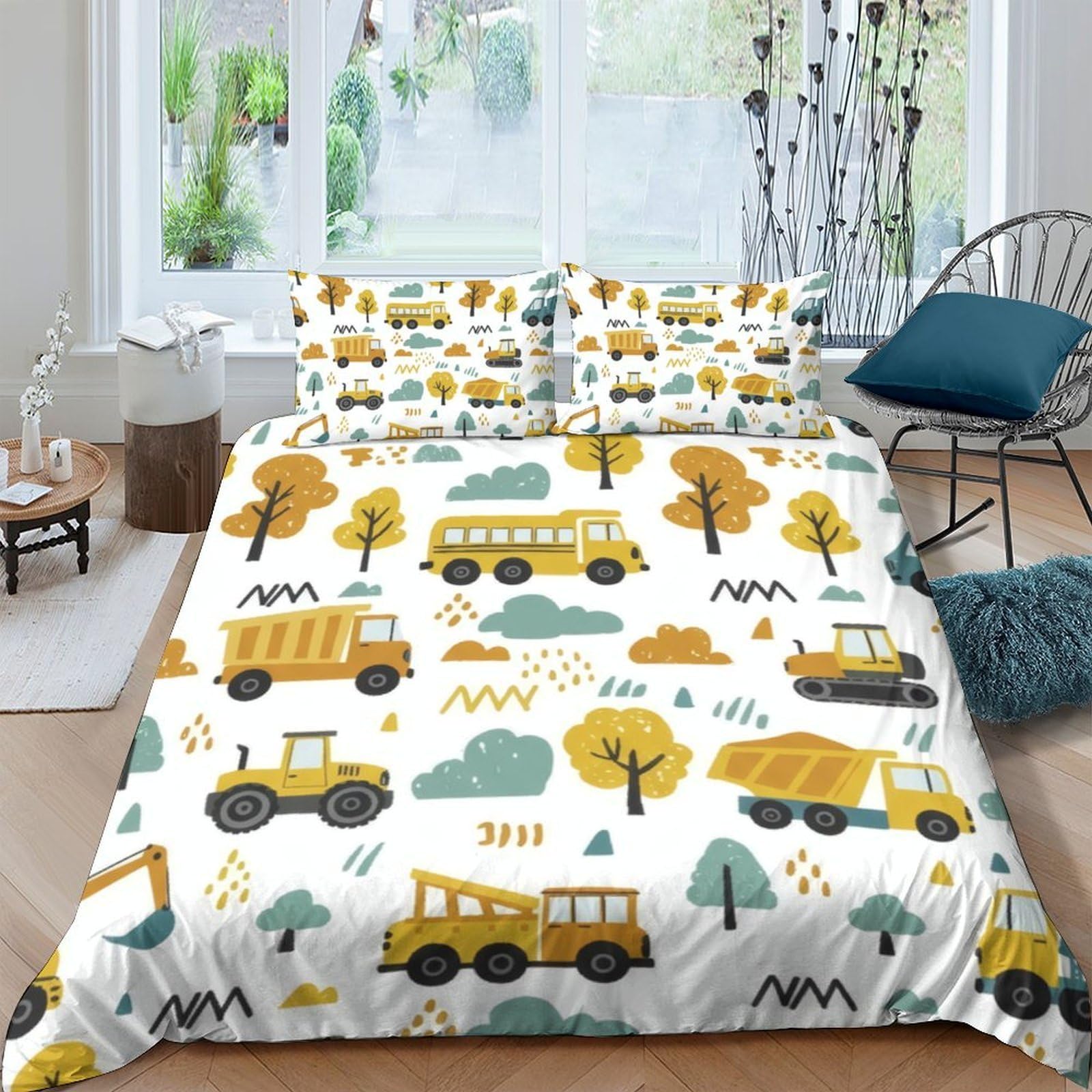 Ctjqhvkz Style-2 3D Printed Construction Vehicle Fitted Sheet Microfiber Soft Yellow Trucks Bed Cover For Bedroom Dorm Mattress Decor Single（135X200cm）