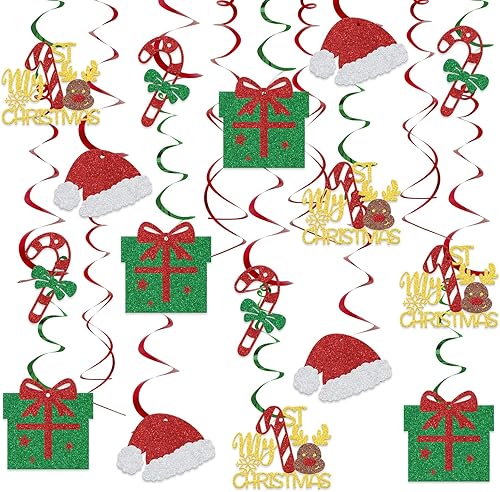 Miniatura 1 de 16 piezas de remolinos colgantes de Navidad para primer cumpleaños, decoración de techo de Papá Noel, decoración de baby shower, rojo y verde con