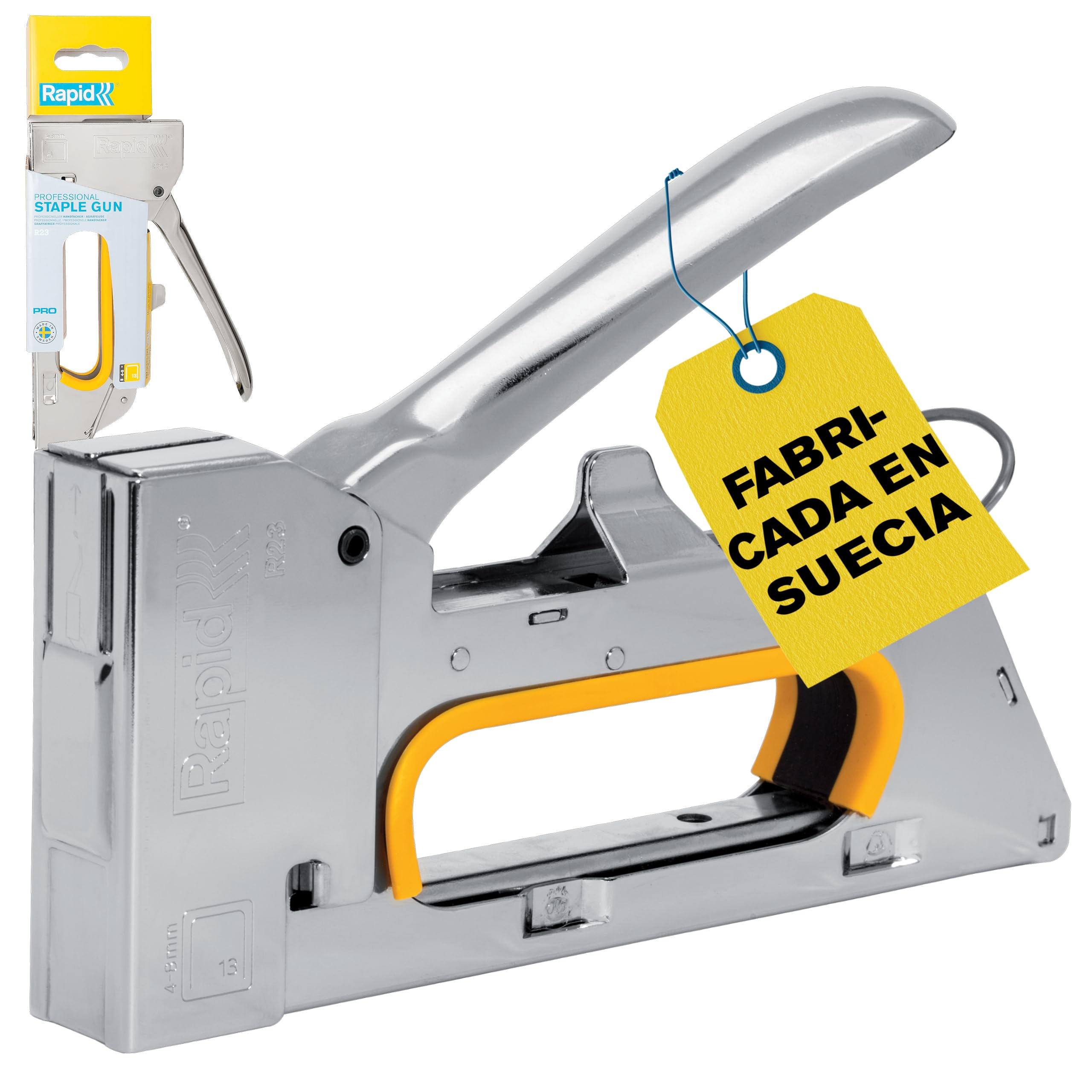 Rapid Grapadora Profesional Manual R23 PRO para Grapas No. 13, Grapadora para Tapicería con Empuñadura Ergonómica, 100% Acero, Sencillo Sistema de Carga, Fabricada en Suecia (5001667)