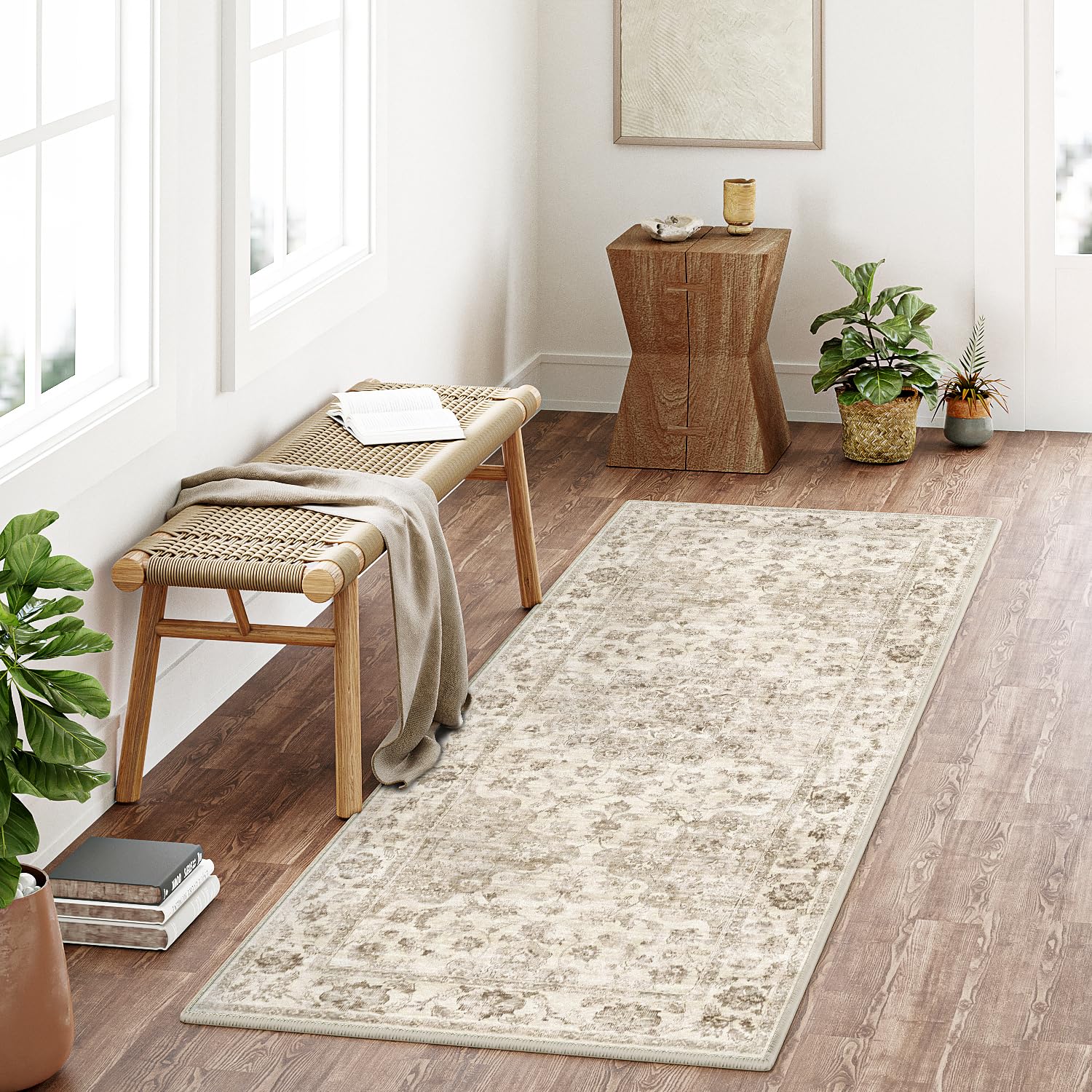 WondRg 2x5 Washable Neutral Runner Rug Beige Hallway Kitchen Non-Slip Low Pile Floral Carpet Vintage Retro Soft Thin Small Throw Rug for Bathroom Bedroom Entryway Indoor Entrance