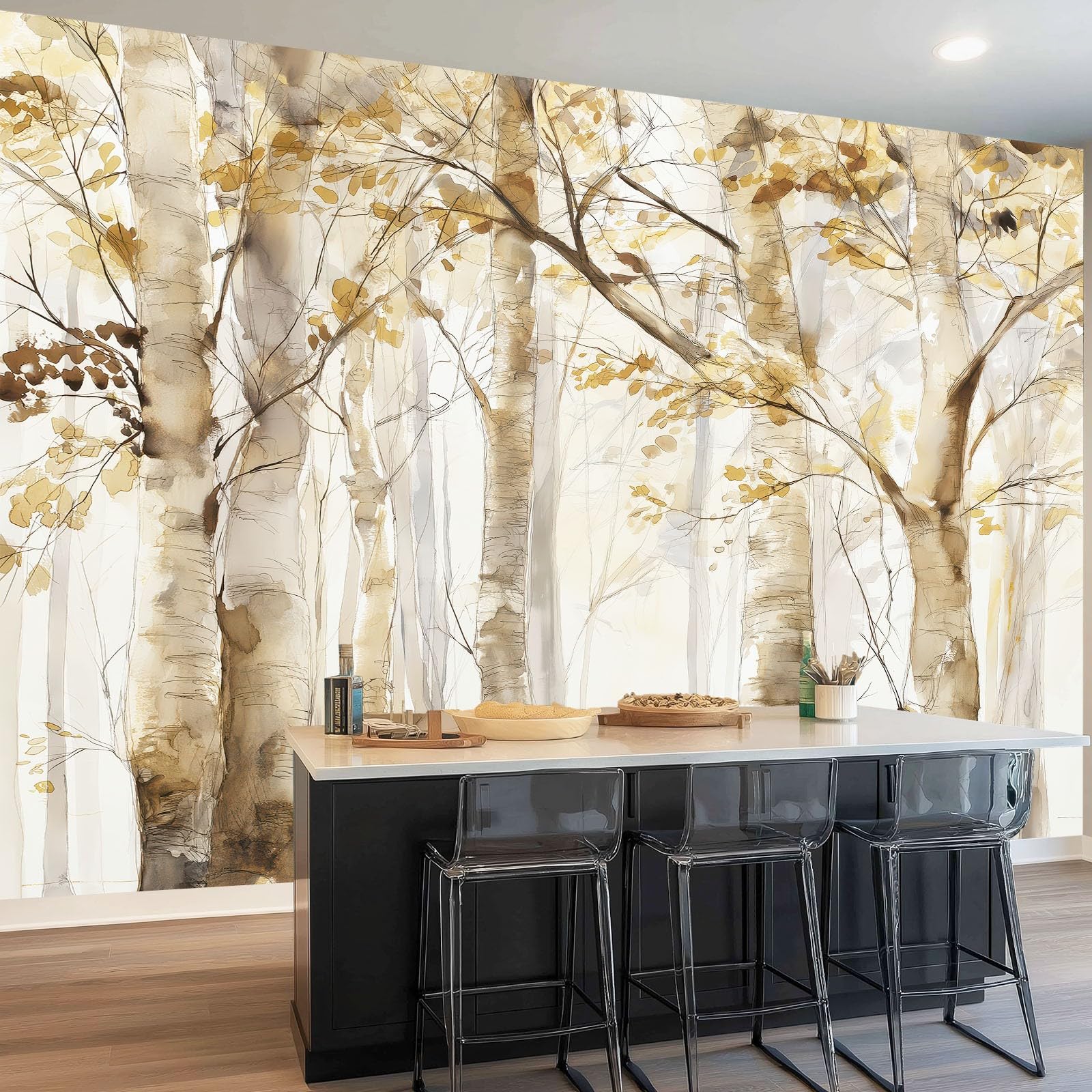 Carta da Parati Non Tessuta 300 x 210 cm（WxH, Bosco Di Betulle Acquerello Stampa Carta da Parati per Decorazione Murale - Beige Mural per Pareti Della Camera da Letto Soggiorno