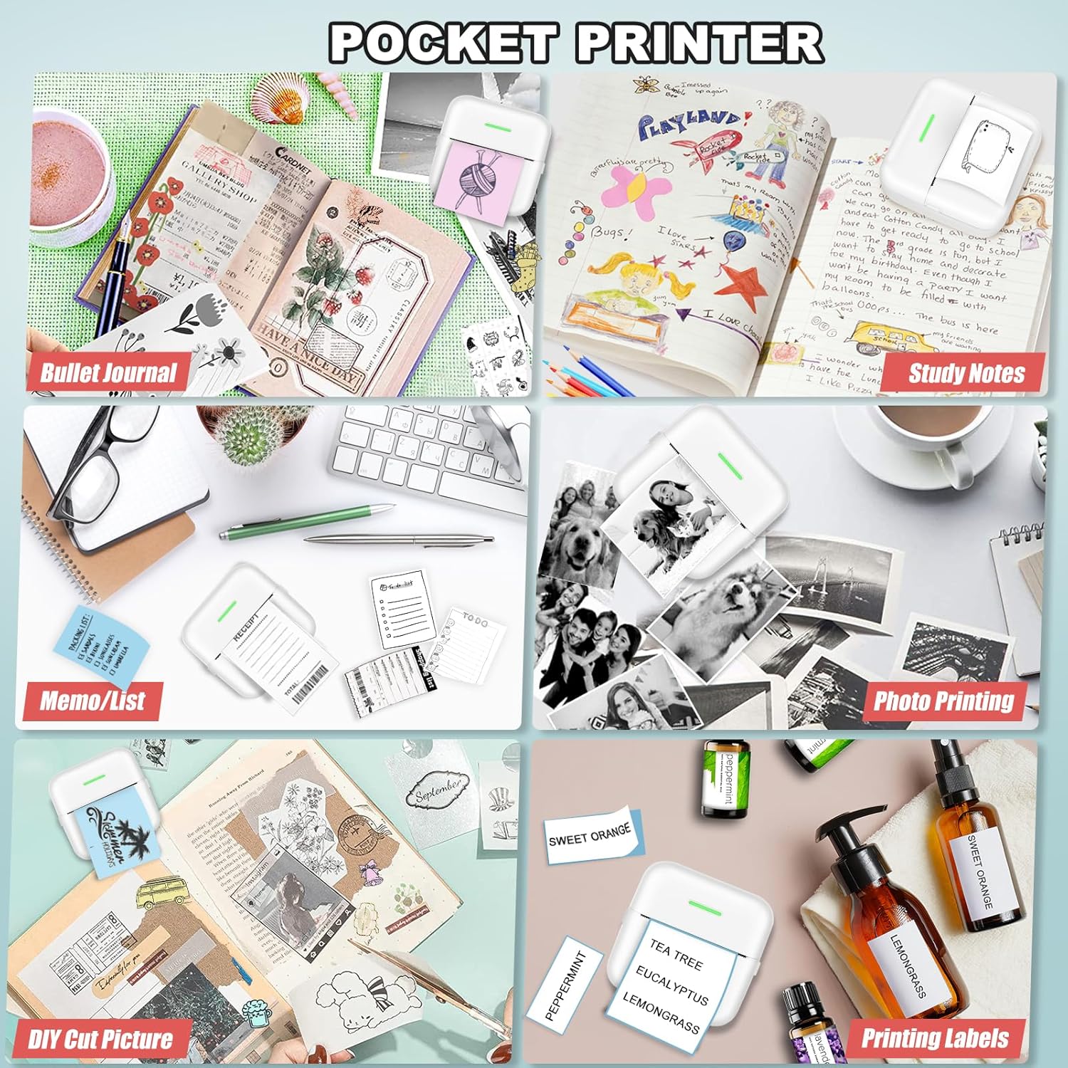Sticker Printer, Portable Thermal Inkless Printer with 10 Rolls Printing Paper, Print Pods, Mini Printers for Journal, Notes, Kids Gift, Compatible with Android & iOS