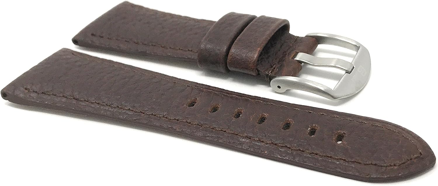 Bandini Mens Leather Watch Band Strap, Buffalo Pattern, Stainless Steel Buckle, 2 Colors (20mm, 22mm, 24mm, 26mm 28mm, 30mm, 32mm)