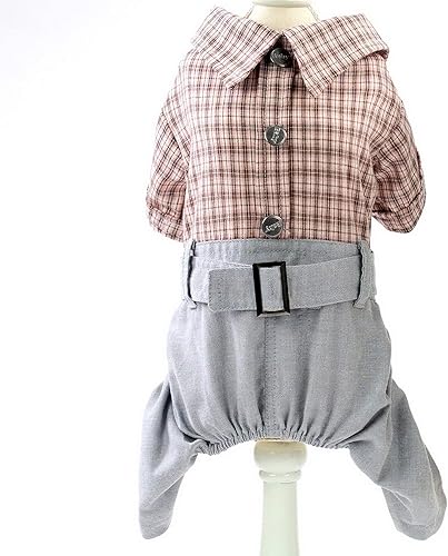 Miniatura 9 de SMALLLEE_LUCKY_STORE Camisas de algodón a cuadros británicos con botones para perros pequeños, niños con cinturón, pantalones casuales para