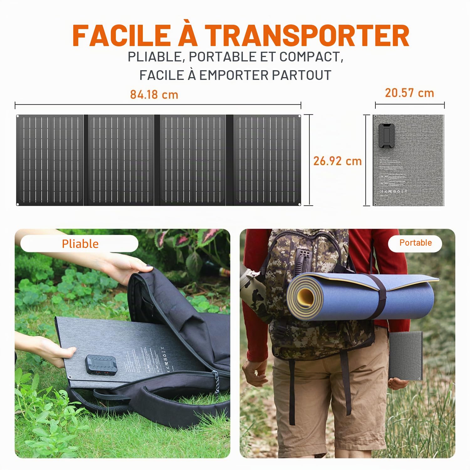 Powkey Station d'alimentation portable 99 Wh/27000 mAh avec panneau solaire pliable 40-100 W, sortie AC 230 V / USB-A/USB-C 18 W pour camping-car, camping, noir/orange