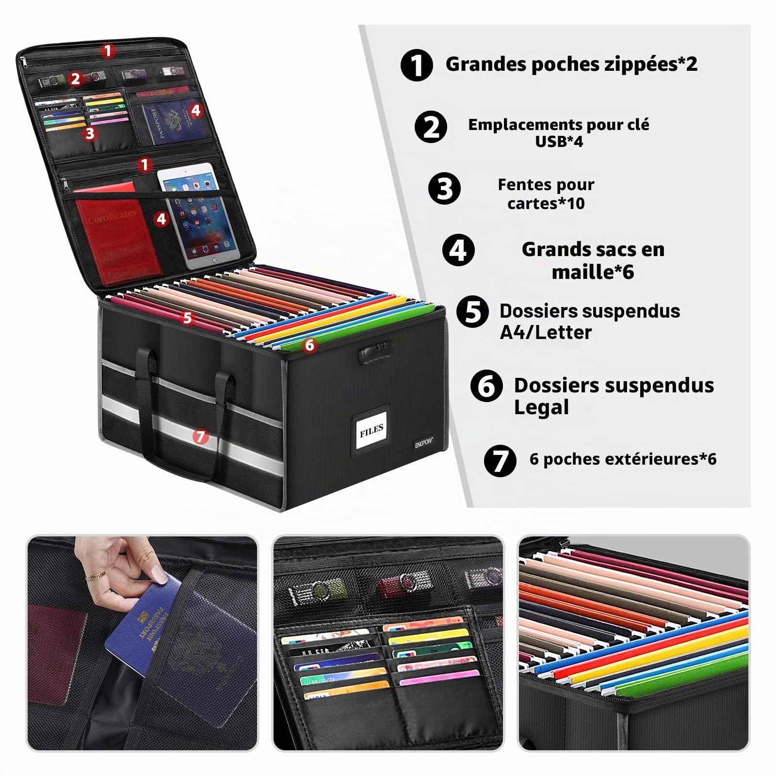 ENGPOW Boîte de classement avec serrure, ignifuge, boîte de rangement avec inserts et poches en maille, pliable et portable pour accrocher des dossiers de lettres et documents juridiques