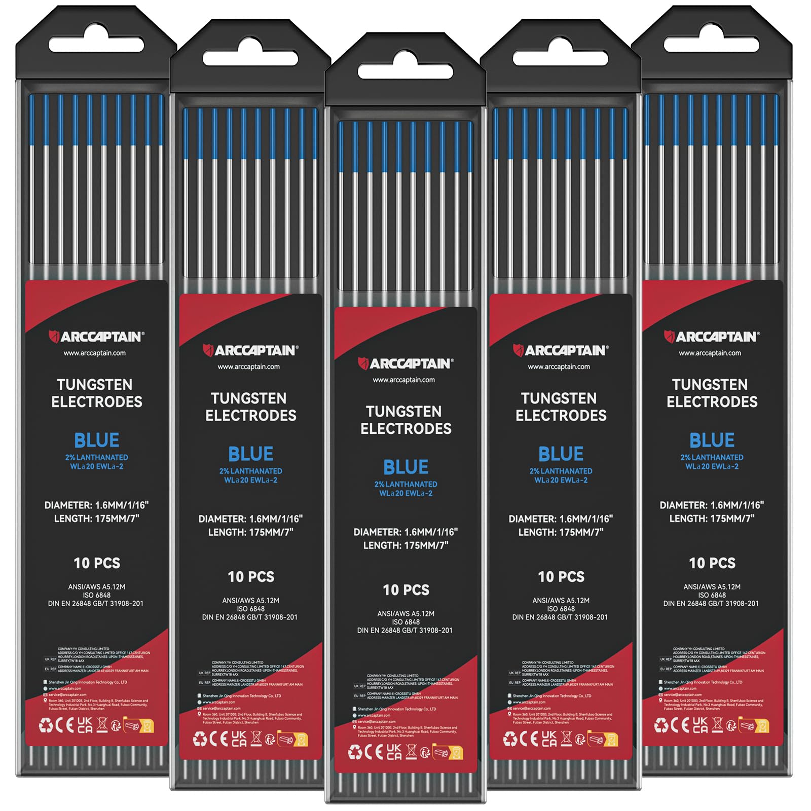 ARCCAPTAIN TIG Tungsten, TIG Welding Tungsten Electrode Blue 2% Lanthanated 10-Pack 1/16" x 7" (WL20/EWLa-2) X 5 Pcs