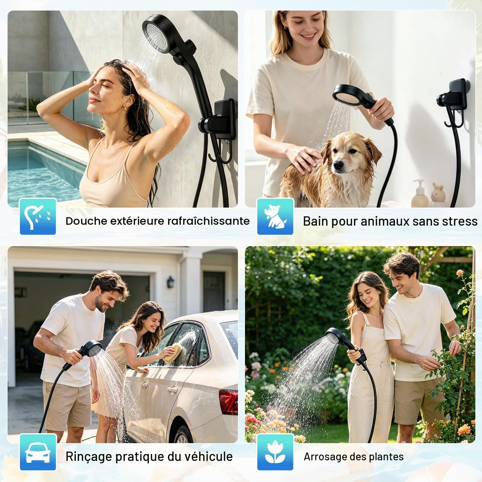 Douche de camping portable avec chauffage – Chauffage rapide 2000 W et batterie 6000 mAh