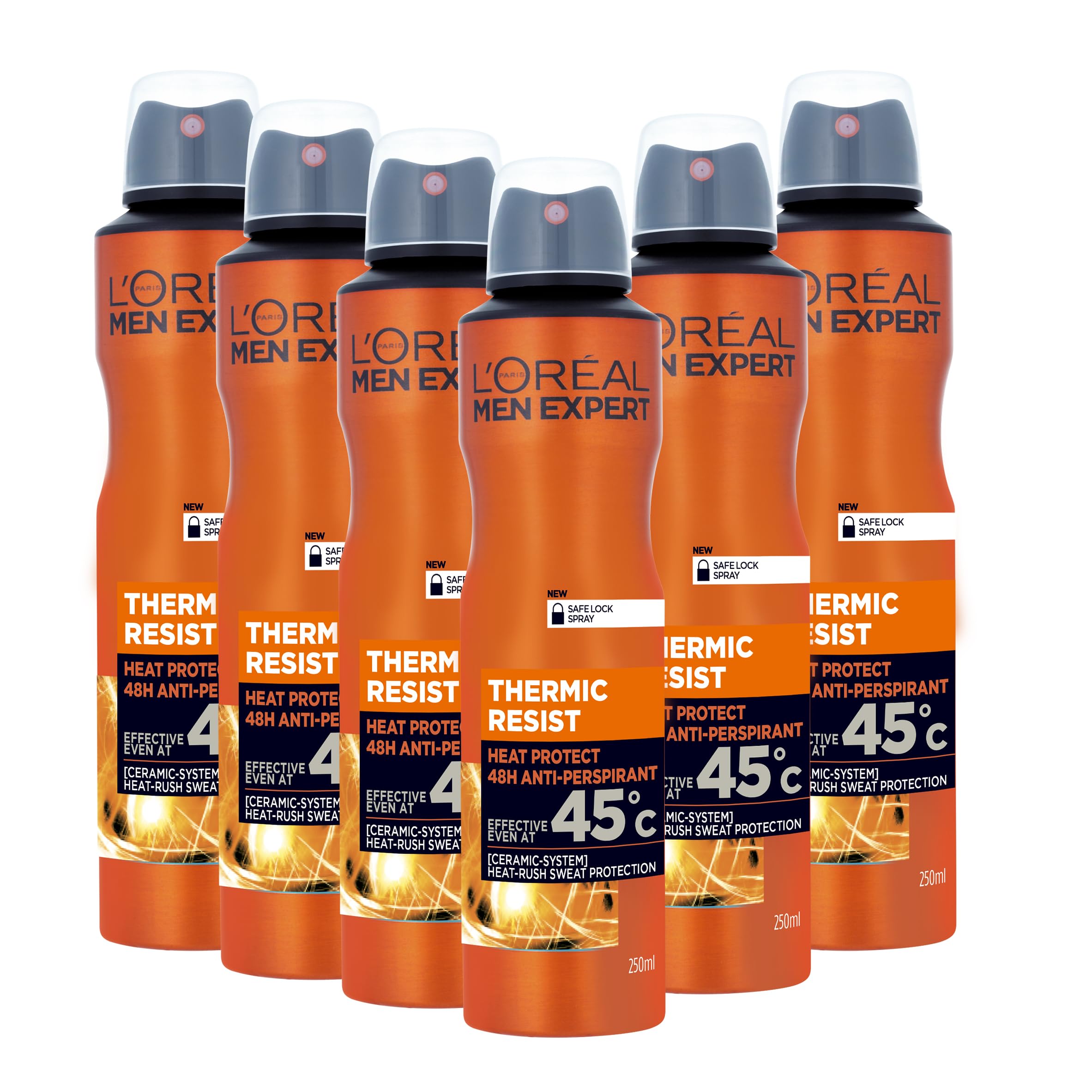 L'Oréal Paris Men Expert 48H Thermic Resist Anti-Perspirant Deodorant for Men, 250ml Pack of 6, Bulk Buy