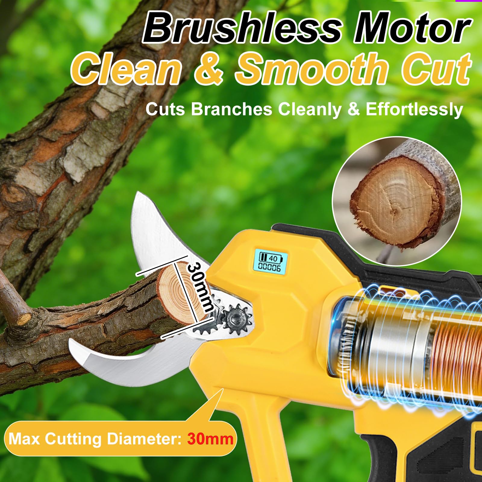 Sécateur Électrique Sans Fil, Compatible avec Dewalt 18V/21V, Sécateur a Batterie, Coupe Branche Électrique, Diamètre de Coupe Max. 30 mm, pour Jardinage, Branches, Haies (Sans Batterie)