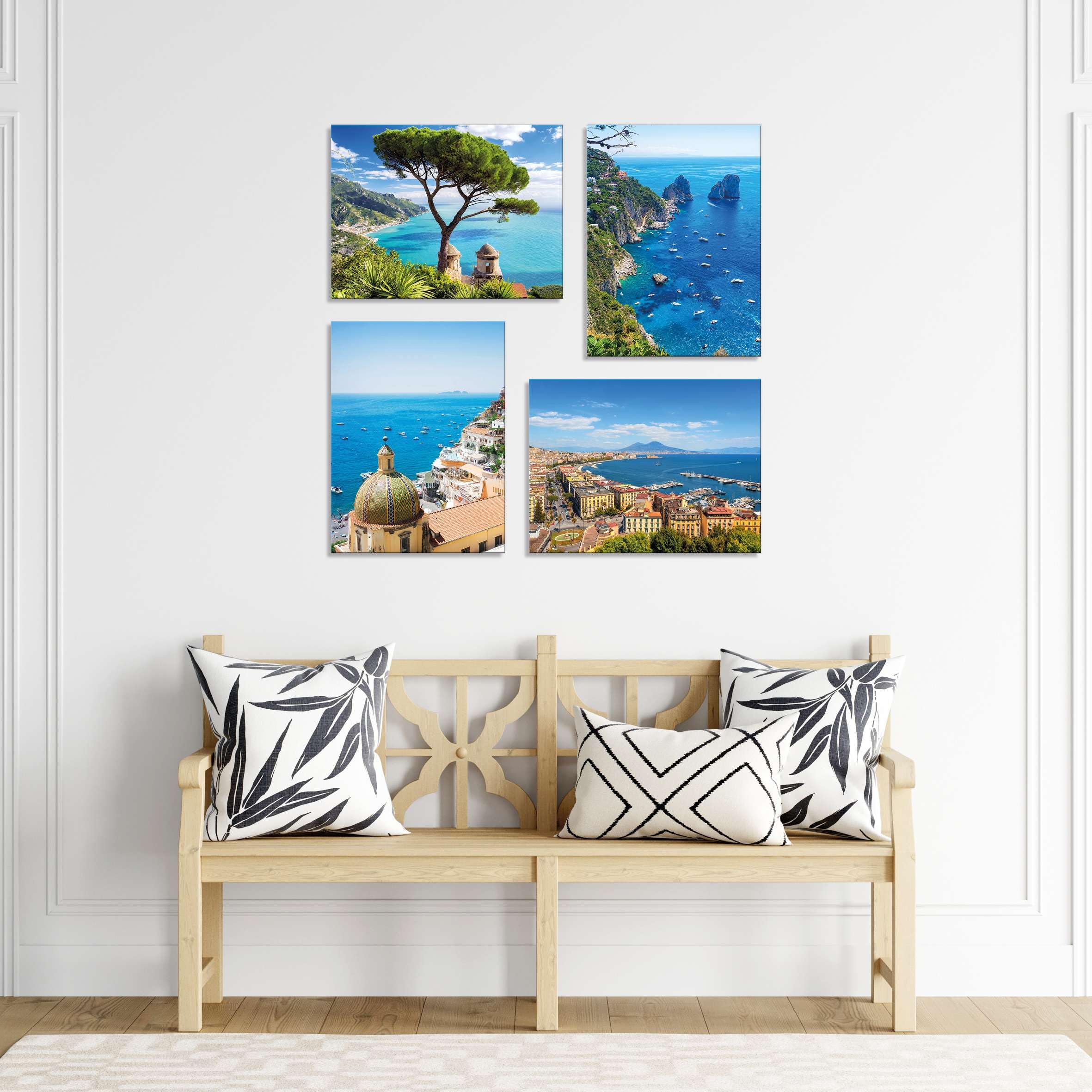 Set 4 Quadri 40x30 cm - Stampa su Tela con telaio in legno - Paesaggi Italiani – Panorama Amalfi, Capri, Napoli, Positano