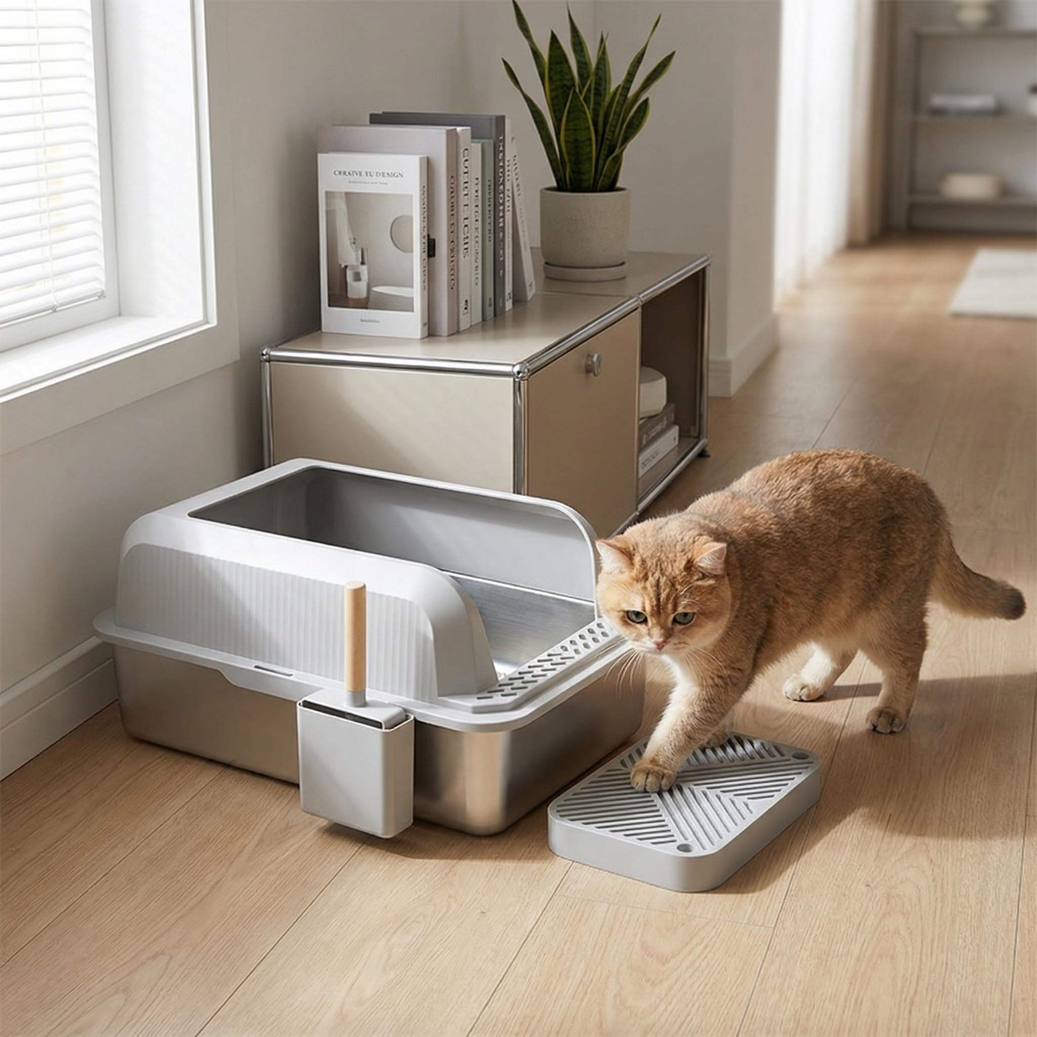 Stainless Steel Cat Litter Box, Light Grey, 60x40x30cm