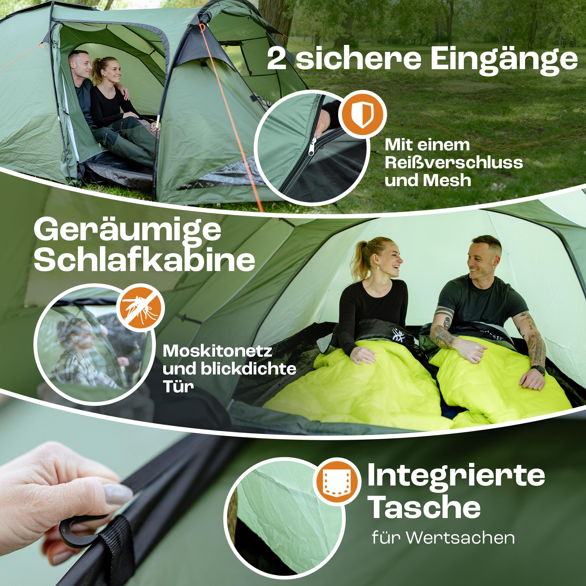 Dome 01, Wasserdicht 4000mm, 2-3 Personen Campingzelt, Vorraum mit abnehmbare Bodenplane, Belüftungsöffnungen, Grün