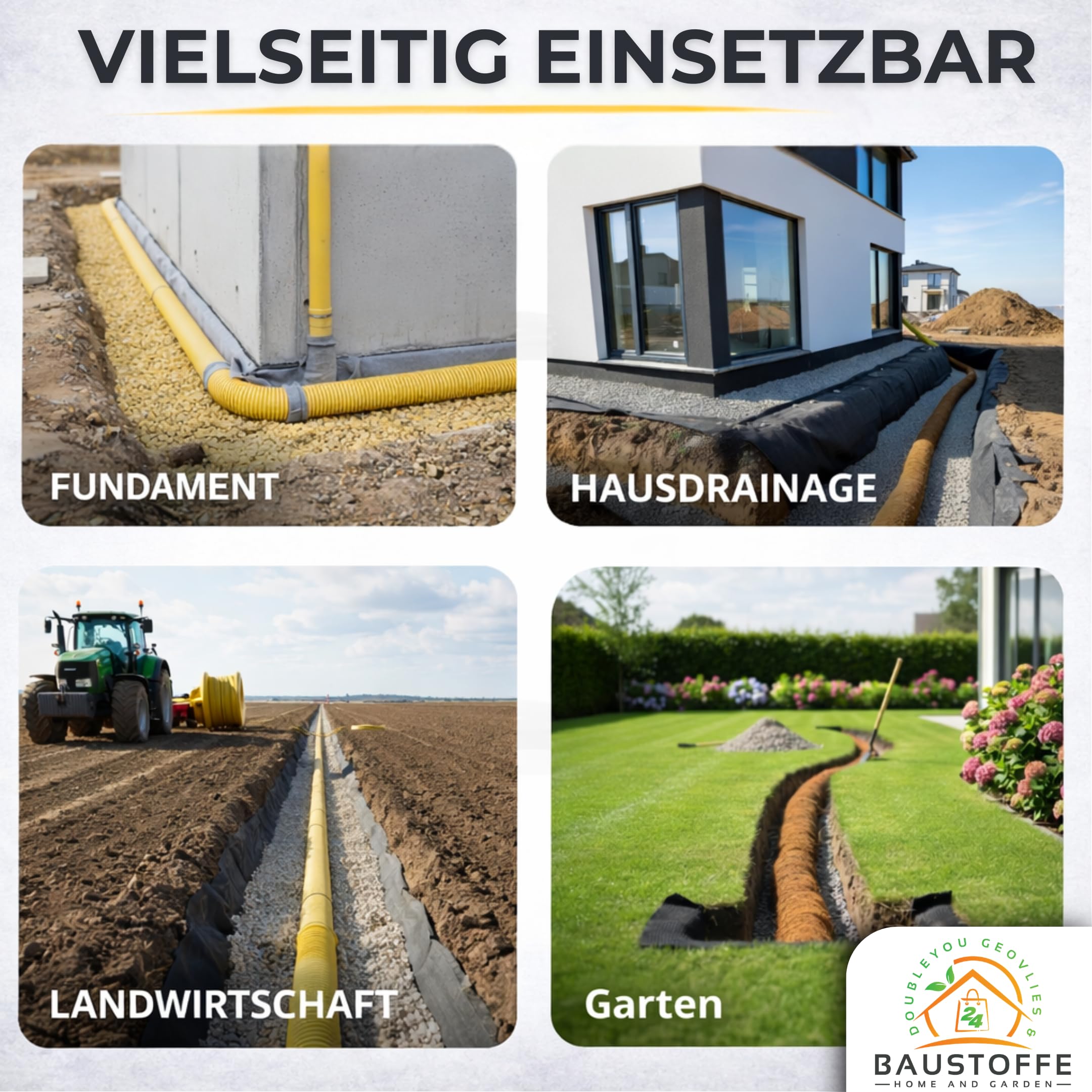 Drainagerohr DN50 20m mit Filtervlies – geschlitztes & perforiertes PVC Sickerrohr flexibel – verhindert Verstopfung und Verschlammung