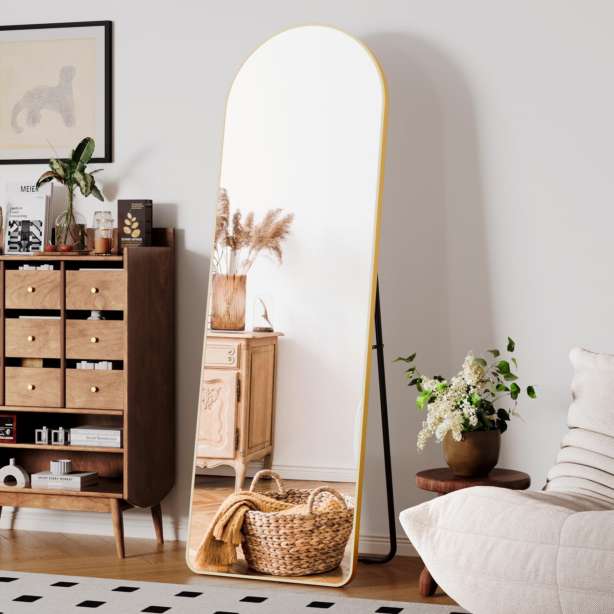 Clevich Grand Miroir sur Pied 162 x 50 cm Cadre Aluminium Support Métal Miroir Mural Arche HD Doré